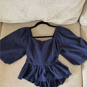 Navy Puff Sleeve Ruffled Peplum Top